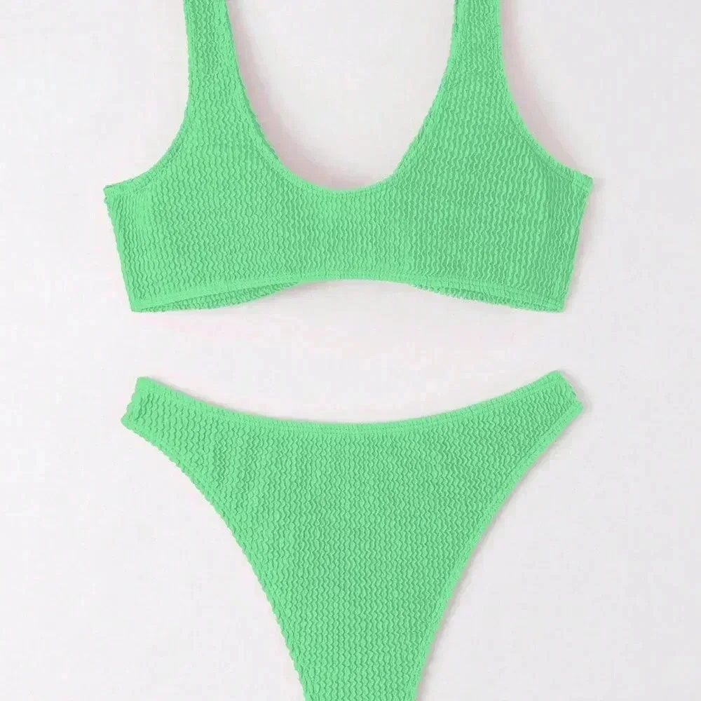 Green Sexy Women's Ruched Texture Twist Front Bikini Set